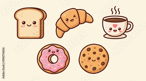 Cute cartoon breakfast and snack items with happy faces, including toast, croissant, coffee, donut, and cookie.