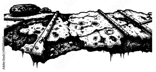 Distressed abandoned asphalt road with cracks and dripping liquid in hand drawn engraving style