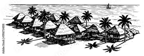 Tropical island village with thatched huts and palm trees by the ocean in vintage engraving style