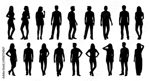Vector silhouettes man and women, illustration. Silhouettes of young people posing in casual clothes. JPEG version.