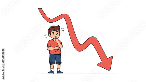 Concerned young boy stands beside a large red arrow pointing downwards, symbolizing financial loss, market decline, or a negative trend.
