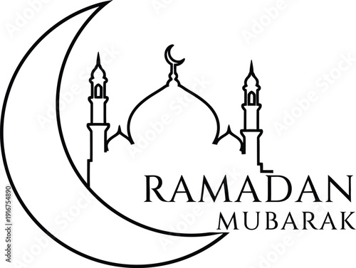 A minimalist illustration featuring a crescent moon and mosque for ramadan mubarak