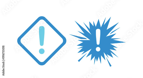 Exclamation Mark Symbols in Warning Signs and Explosive Effects in Blue Color on White Background for Safety Alert