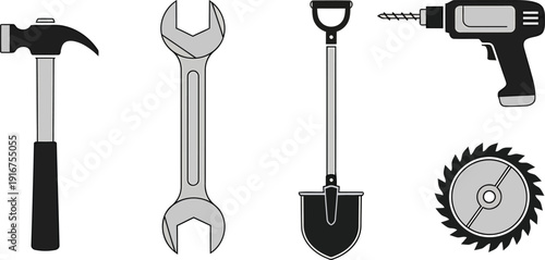 Isolated Icons of Hammer, Wrench, Shovel, Drill, and Saw Blade adjustable wrench
