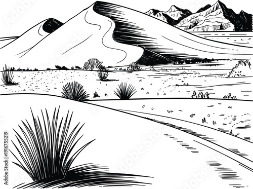 Minimalist black and white desert wilderness illustration with rolling sand hills and distant mountain peaks.
