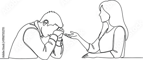 Continuous one line drawing of a woman comforting a sad man for mental health support concept