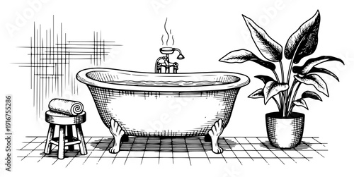 Classic clawfoot bathtub with a potted plant and stool in a hand drawn bathroom scene