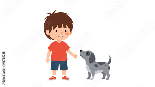 Happy young boy gently pets a small grey dog, illustrating the loving bond between a child and their pet.