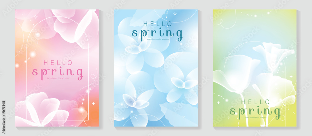 Obraz premium Spring flowers poster vector set. Botanical pastel gradient background and white floral design for spring and summer sale ads, invitation backgrounds, cards, branding, packaging and wall decoration.