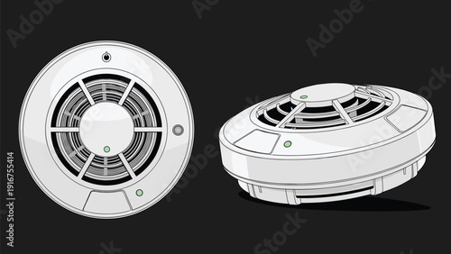 Detailed illustrations of a white smoke detector from a frontal and angled perspective, emphasizing home safety and fire prevention.