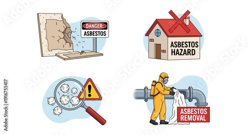 Asbestos removal process with hazard signs and protective gear