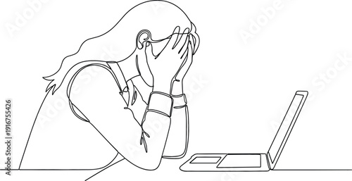 Continuous one line drawing of a stressed woman sitting at a laptop with head in hands