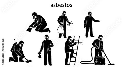 Workers in hazmat suits handling asbestos with safety gear and tools