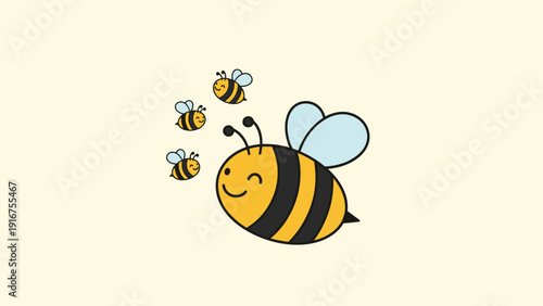 Large friendly cartoon bee with three smaller bees flying happily around it, depicting a family or group dynamic.