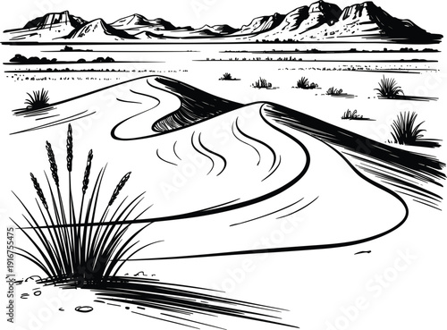 Hand drawn desert landscape vector sketch featuring sand dunes, mountain ranges, and sparse wild grass.