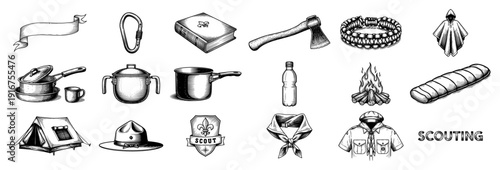 Set of scouting and outdoor camping equipment icons in vintage engraving style