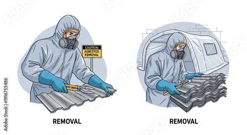 Asbestos removal workers in protective gear handling roofing materials