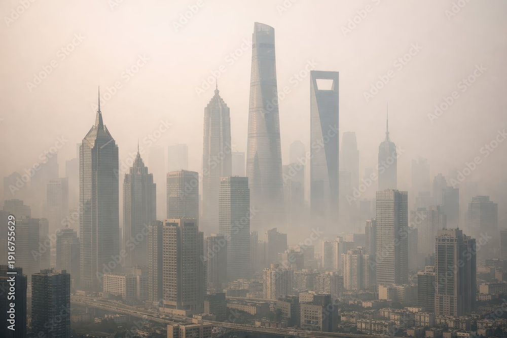 Fototapeta premium Misty Skyline of Shanghai with Tall Buildings and Urban Landscape