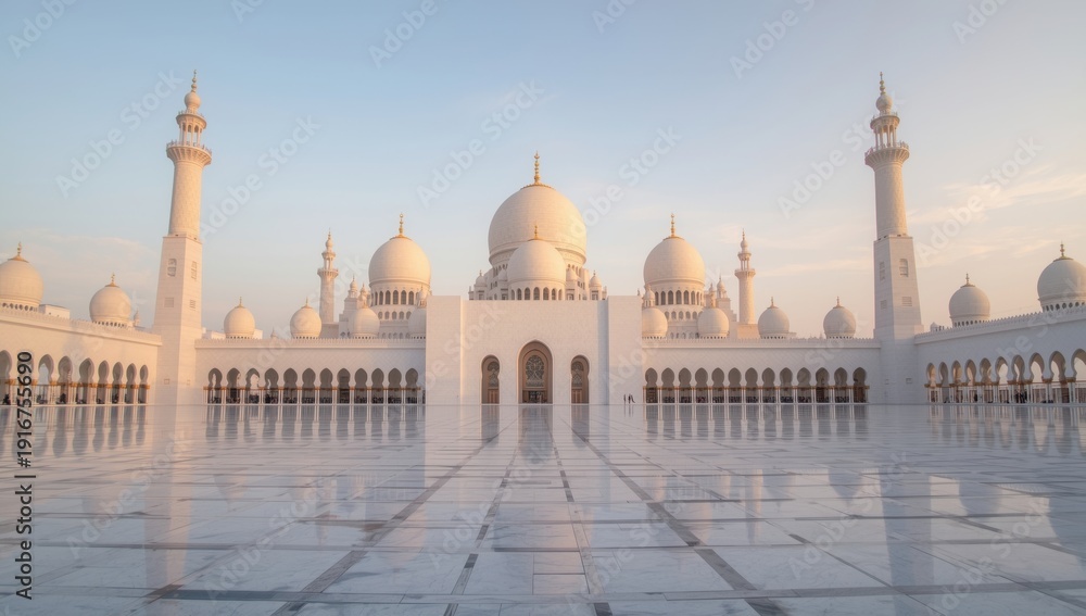 Obraz premium Grand white mosque with domes and minarets on reflective marble floor