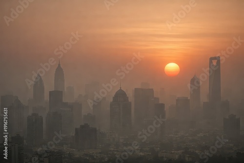 Misty Cityscape at Dusk with Orange Sun Over Skyscrapers