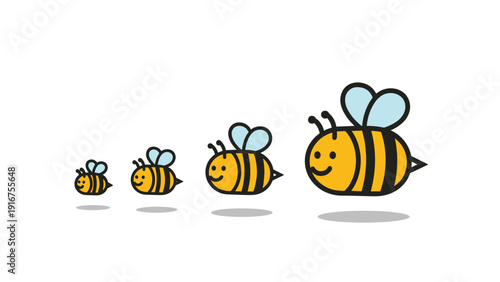Progression of four adorable cartoon bees shown in incrementally increasing sizes, representing growth or development.