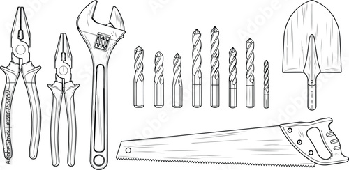 Line art drawing of various hand tools and drill bits on white background vector illustration