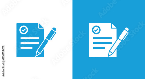 Document and pen icon in minimalist flat design with blue and white color scheme on simple background for web graphics