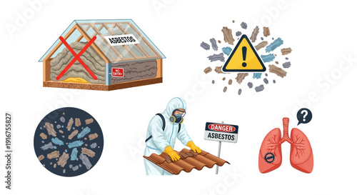 Asbestos removal worker in protective gear handling contaminated roof tiles