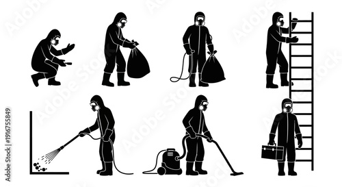 Hazmat team worker in protective suit cleaning hazardous materials