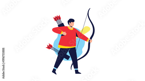 Focused male archer confidently aims a bow and arrow, with a quiver of arrows on his back, ready for target practice.