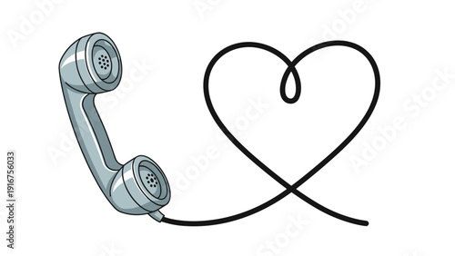 Classic telephone receiver with its coiled cord elegantly forming a heart shape, symbolizing long-distance communication and love.