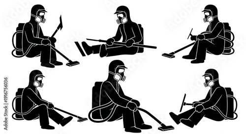 Pest control technicians in protective gear spraying various areas