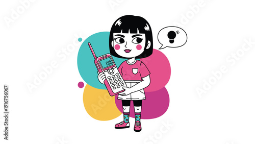 Young girl holds a vintage mobile phone with a thought bubble containing an exclamation mark, indicating an idea or surprise.
