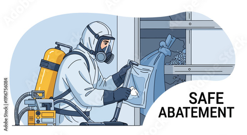 Asbestos removal worker in protective gear collecting hazardous material in a sealed bag safely