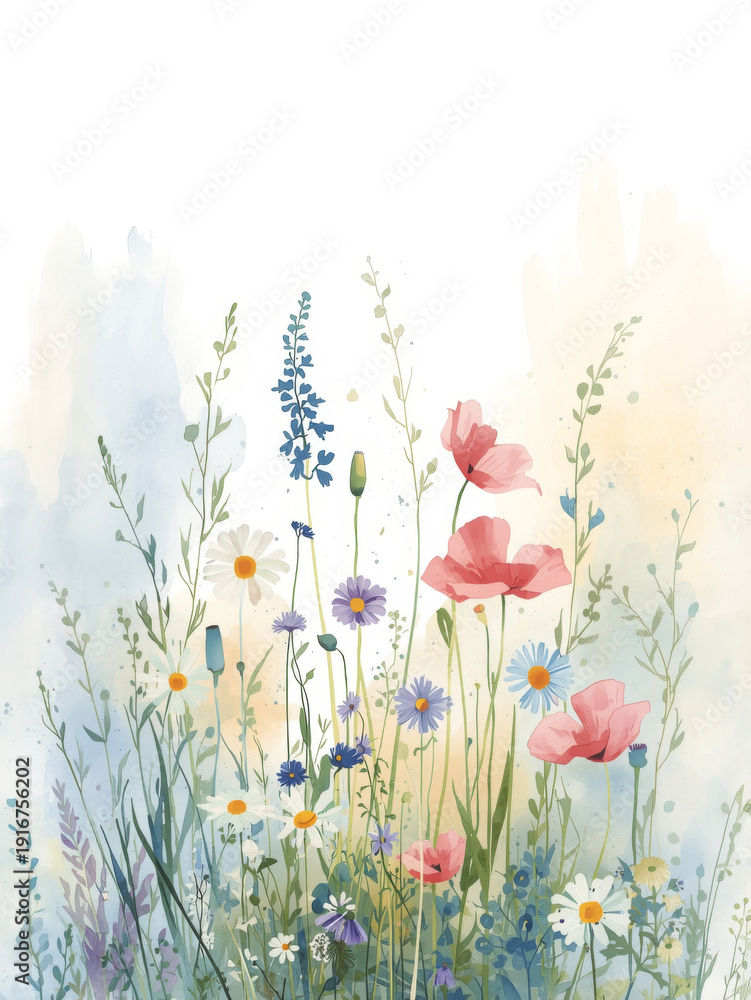 Obraz premium A vibrant spring meadow blooming with a field of red poppies and yellow marigold flowers under a clear blue sky captures the colorful beauty of nature in a lush summer garden