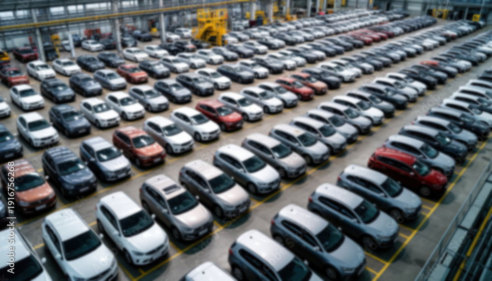 Fototapeta premium A blurred view from above of parking cars or the release of new cars at the factory