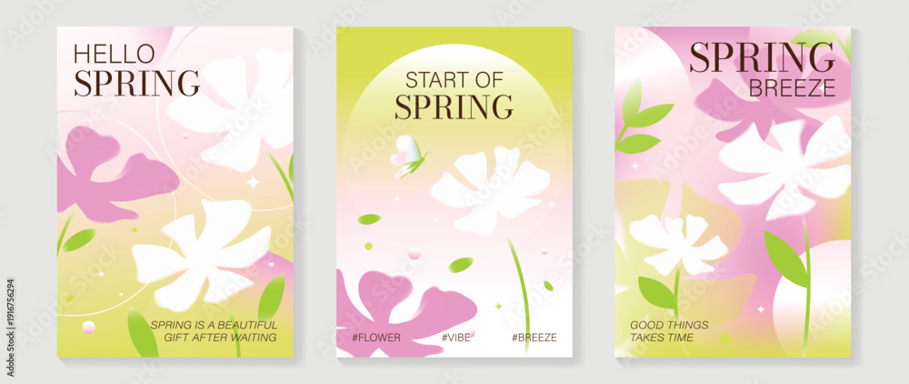 Obraz premium Spring flowers poster vector set. Botanical pastel gradient background and white floral design for spring and summer sale ads, invitation backgrounds, cards, branding, packaging and wall decoration.