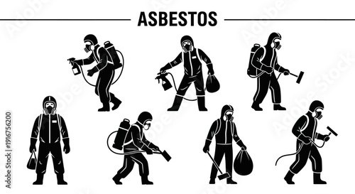 Asbestos removal workers in protective gear performing various tasks with safety equipment