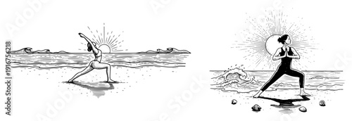 Two illustrations of a woman practicing yoga and stretching on the beach at sunrise