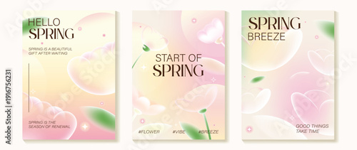 Spring flowers poster vector set. Botanical pastel gradient background and  white floral design for spring and summer sale ads, invitation backgrounds, cards, branding, packaging and wall decoration.
