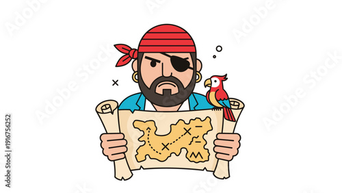 Fierce pirate with an eye patch and a vibrant parrot on his shoulder proudly displays a detailed treasure map.