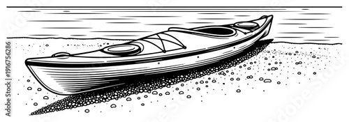 Vintage hand drawn sketch of a kayak resting on a sandy beach shore