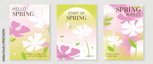 Spring flowers poster vector set. Botanical pastel gradient background and  white floral design for spring and summer sale ads, invitation backgrounds, cards, branding, packaging and wall decoration.