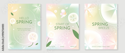 Spring flowers poster vector set. Botanical pastel gradient background and  white floral design for spring and summer sale ads, invitation backgrounds, cards, branding, packaging and wall decoration.