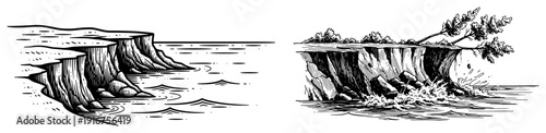 Two hand drawn landscape sketches of high rocky cliffs overlooking the sea waves