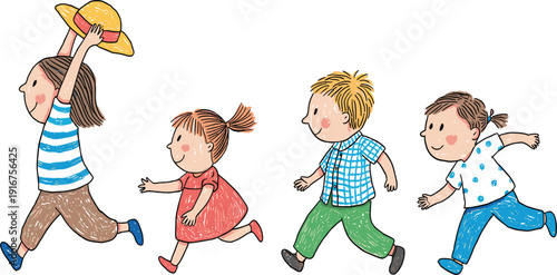 Hand drawn set of four happy children characters running and playing for cute childhood illustrations.