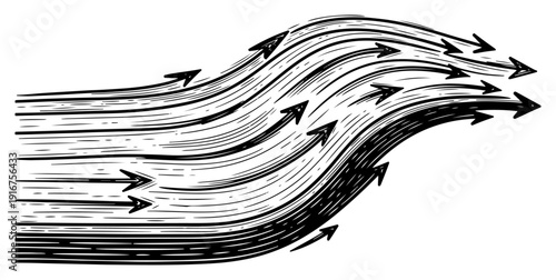 Abstract graphic representation of wind or water current using flowing lines and arrows