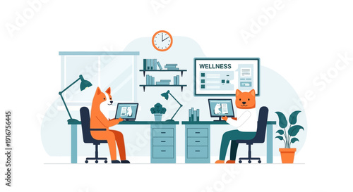 Anthropomorphic animals working in a modern office setting.
