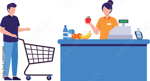 Flat vector illustration of a male customer with shopping cart at a supermarket checkout counter