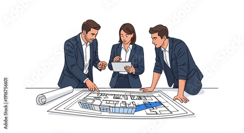 Architects Collaborating on a Blueprint for a New Building Project.